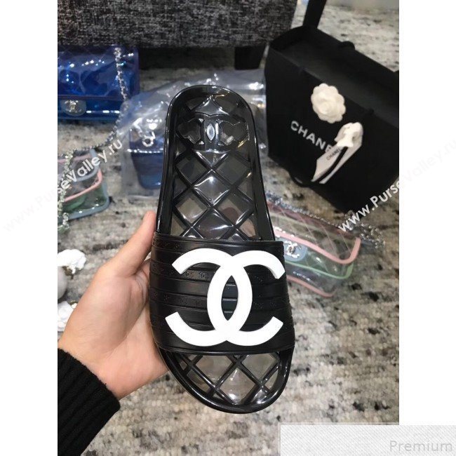 Chanel Flat Transparent Color CC Slide Sandals Black/White 2019 (KQN-9050767)