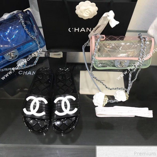 Chanel Flat Transparent Color CC Slide Sandals Black/White 2019 (KQN-9050767)