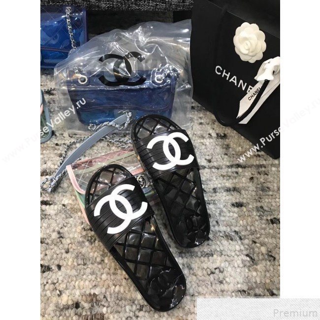 Chanel Flat Transparent Color CC Slide Sandals Black/White 2019 (KQN-9050767)