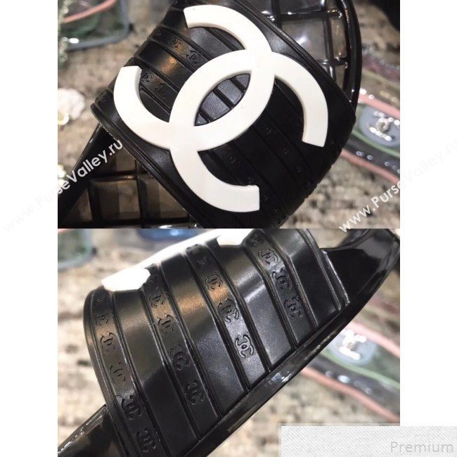 Chanel Flat Transparent Color CC Slide Sandals Black/White 2019 (KQN-9050767)