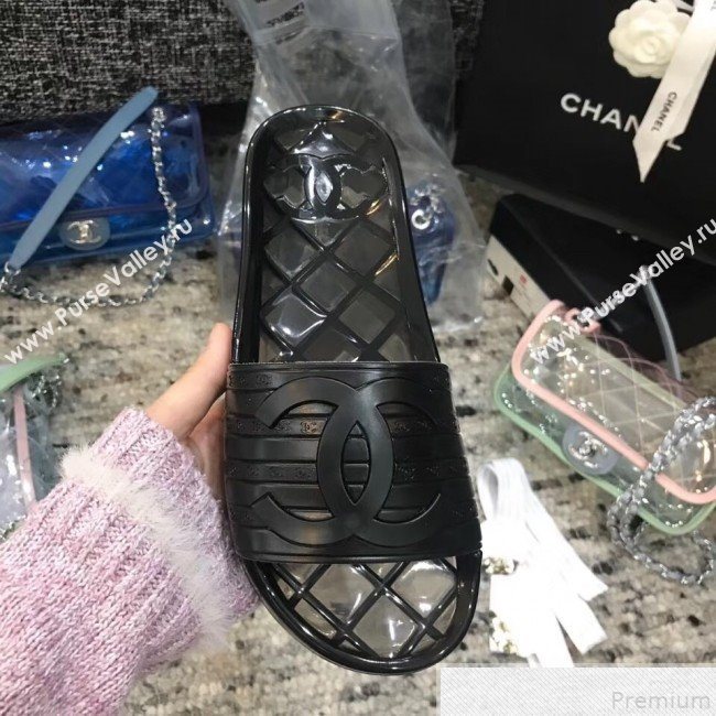 Chanel Flat Transparent Color CC Slide Sandals All Black 2019 (KQN-9050768)