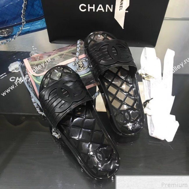 Chanel Flat Transparent Color CC Slide Sandals All Black 2019 (KQN-9050768)