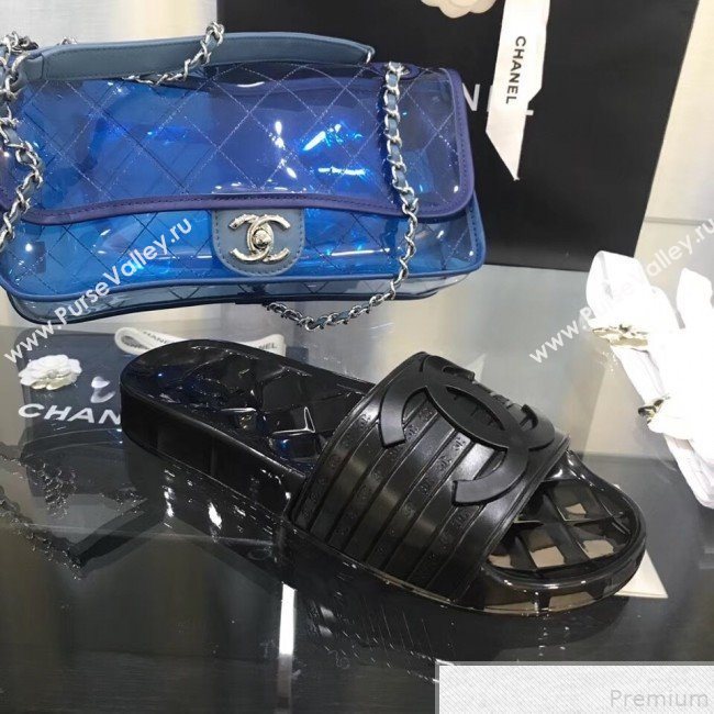 Chanel Flat Transparent Color CC Slide Sandals All Black 2019 (KQN-9050768)