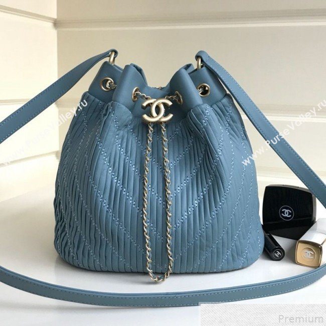 Chanel Chevron Pleated Bucket Bag Blue 2019 (YD-9043012)
