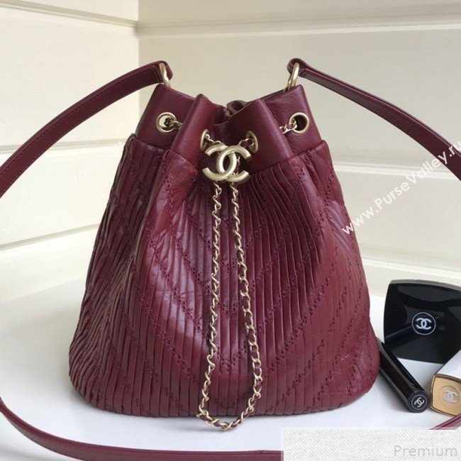 Chanel Chevron Pleated Bucket Bag Burgundy 2019 (YD-9043013)