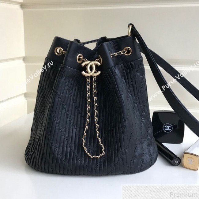 Chanel Chevron Pleated Bucket Bag Black 2019 (YD-9043014)