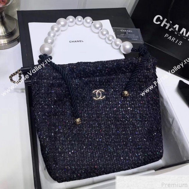 Chanel Sequin Tweed Pearls Handle Shopping Tote Bag Black 2019 (FM-9043023)
