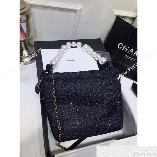 Chanel Sequin Tweed Pearls Handle Shopping Tote Bag Black 2019 (FM-9043023)