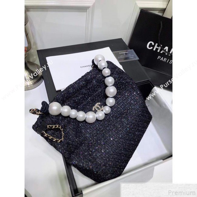 Chanel Sequin Tweed Pearls Handle Shopping Tote Bag Black 2019 (FM-9043023)