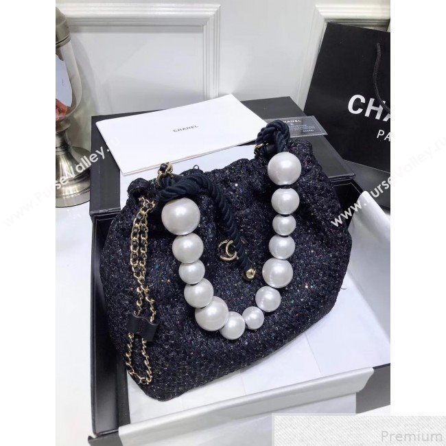 Chanel Sequin Tweed Pearls Handle Shopping Tote Bag Black 2019 (FM-9043023)