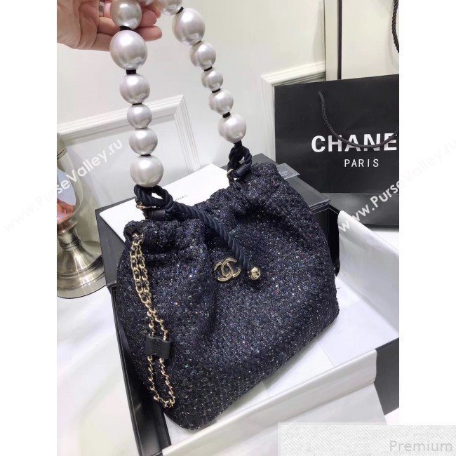 Chanel Sequin Tweed Pearls Handle Shopping Tote Bag Black 2019 (FM-9043023)