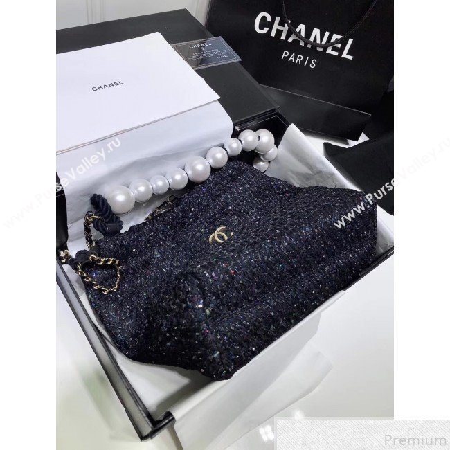 Chanel Sequin Tweed Pearls Handle Shopping Tote Bag Black 2019 (FM-9043023)