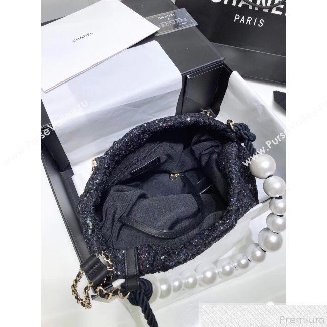 Chanel Sequin Tweed Pearls Handle Shopping Tote Bag Black 2019 (FM-9043023)
