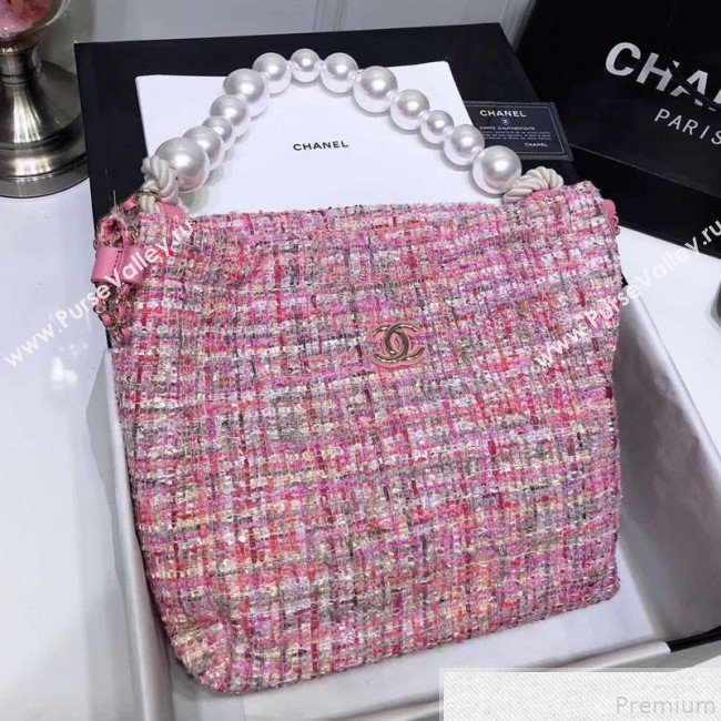 Chanel Sequin Tweed Pearls Handle Shopping Tote Bag Pink 2019 (FM-9043022)