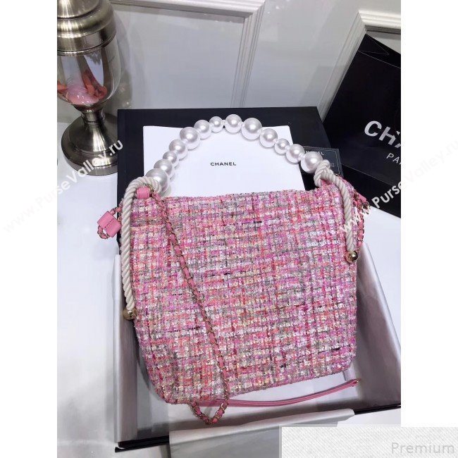 Chanel Sequin Tweed Pearls Handle Shopping Tote Bag Pink 2019 (FM-9043022)