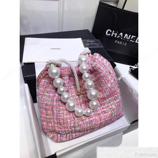 Chanel Sequin Tweed Pearls Handle Shopping Tote Bag Pink 2019 (FM-9043022)