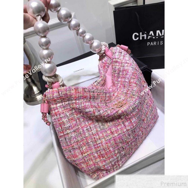 Chanel Sequin Tweed Pearls Handle Shopping Tote Bag Pink 2019 (FM-9043022)