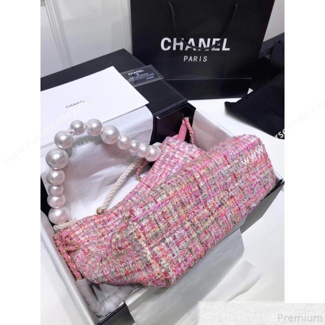 Chanel Sequin Tweed Pearls Handle Shopping Tote Bag Pink 2019 (FM-9043022)