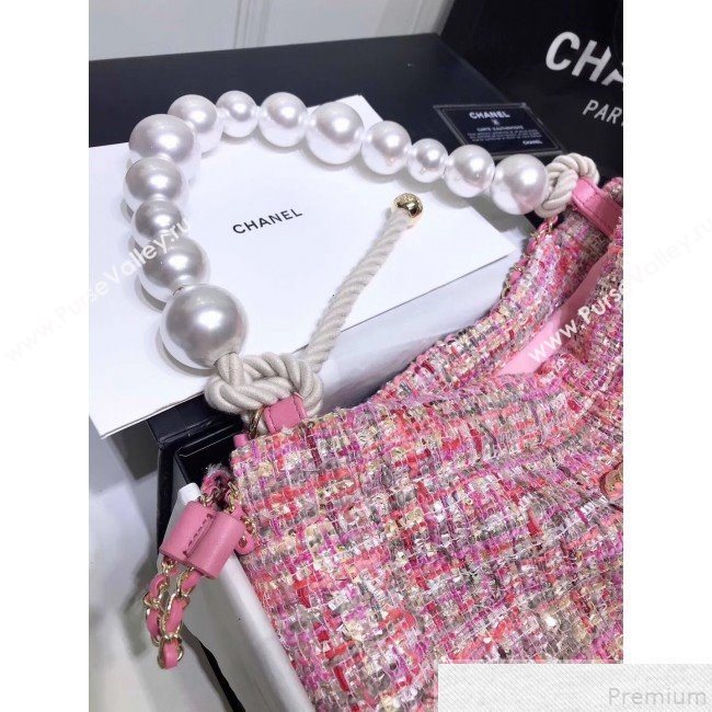 Chanel Sequin Tweed Pearls Handle Shopping Tote Bag Pink 2019 (FM-9043022)