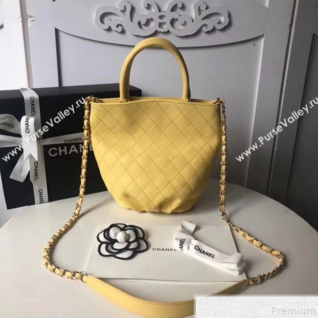 Chanel Quilted Calfskin Pleated Bucket Shopping Bag Yellow 2019 (FENGH-9050908)