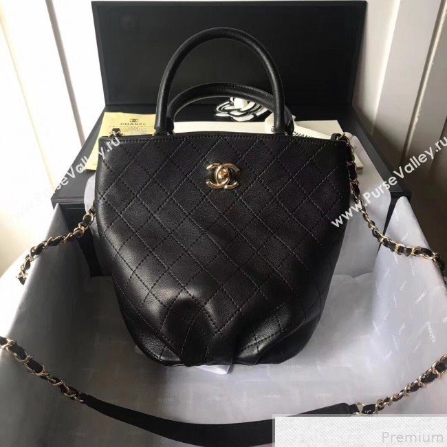 Chanel Quilted Calfskin Pleated Bucket Shopping Bag Black 2019 (FENGH-9050909)