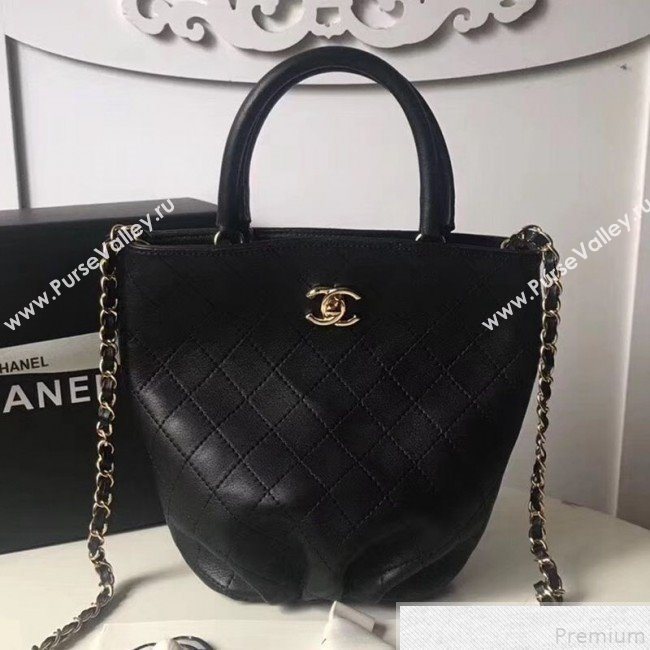 Chanel Quilted Calfskin Pleated Bucket Shopping Bag Black 2019 (FENGH-9050909)