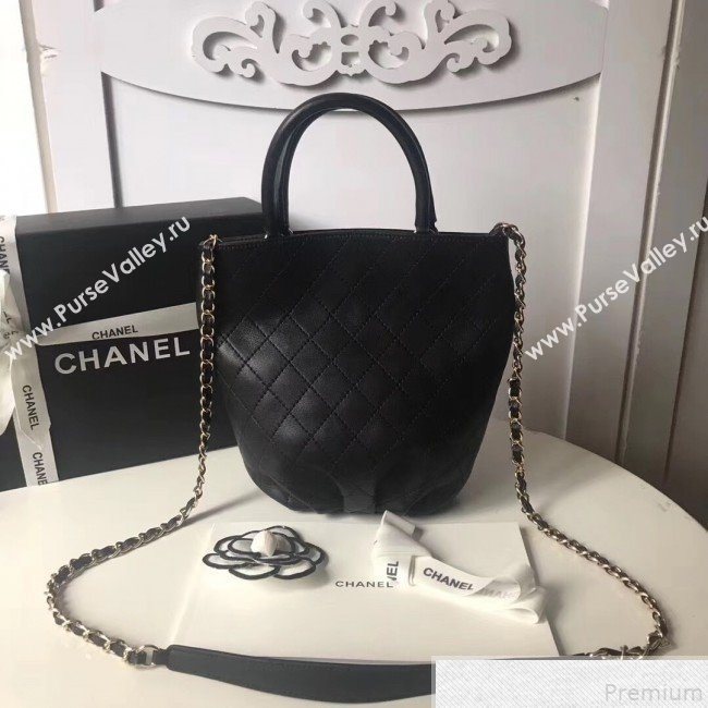 Chanel Quilted Calfskin Pleated Bucket Shopping Bag Black 2019 (FENGH-9050909)