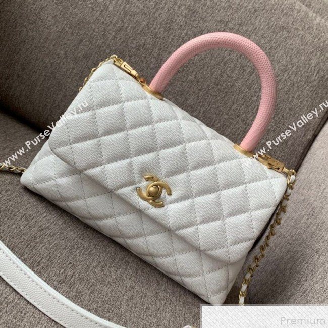 Chanel Small Grained Quilted Calfskin Coco Handle Flap Top Handle Bag White/Pink 2019 (SSZ-9050914)