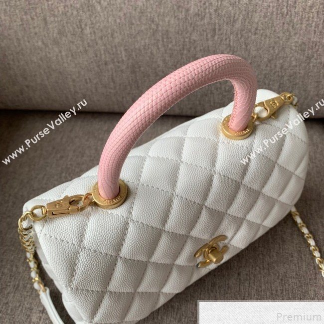 Chanel Small Grained Quilted Calfskin Coco Handle Flap Top Handle Bag White/Pink 2019 (SSZ-9050914)