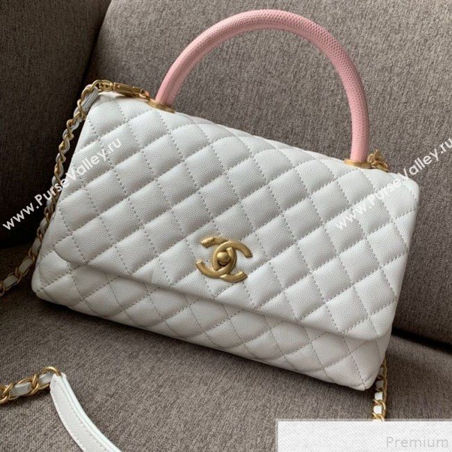 Chanel Grained Quilted Calfskin Coco Handle Flap Top Handle Bag White/Pink 2019 (SSZ-9050915)