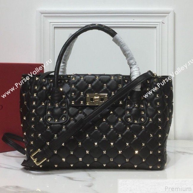 Valentino Rockstud Quilted Crinkle Lambskin Tote with Buckle Band Black 2019 (XYD-9050935)