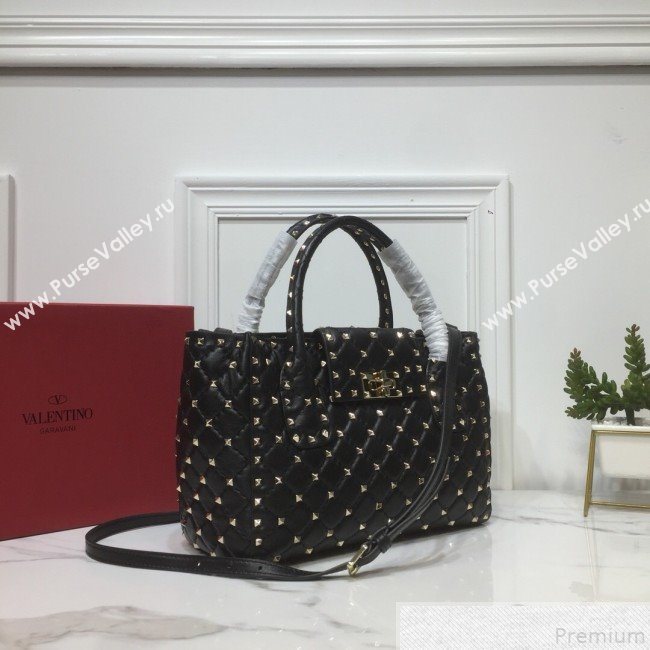 Valentino Rockstud Quilted Crinkle Lambskin Tote with Buckle Band Black 2019 (XYD-9050935)