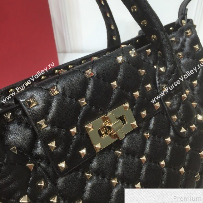 Valentino Rockstud Quilted Crinkle Lambskin Tote with Buckle Band Black 2019 (XYD-9050935)