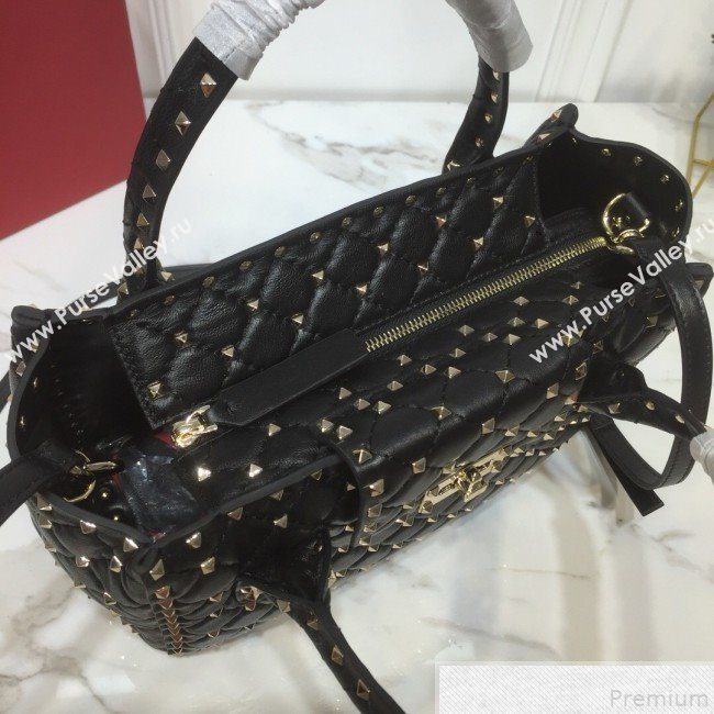 Valentino Rockstud Quilted Crinkle Lambskin Tote with Buckle Band Black 2019 (XYD-9050935)