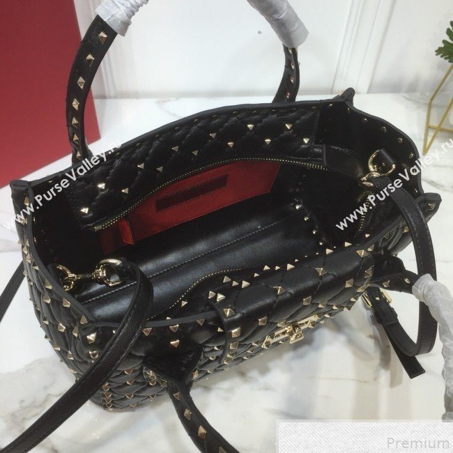 Valentino Rockstud Quilted Crinkle Lambskin Tote with Buckle Band Black 2019 (XYD-9050935)