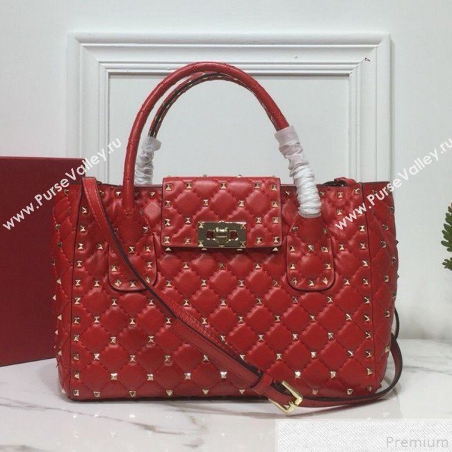 Valentino Rockstud Quilted Crinkle Lambskin Tote with Buckle Band Red 2019 (XYD-9050936)