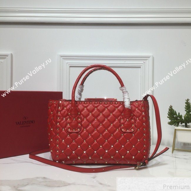 Valentino Rockstud Quilted Crinkle Lambskin Tote with Buckle Band Red 2019 (XYD-9050936)