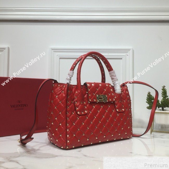 Valentino Rockstud Quilted Crinkle Lambskin Tote with Buckle Band Red 2019 (XYD-9050936)