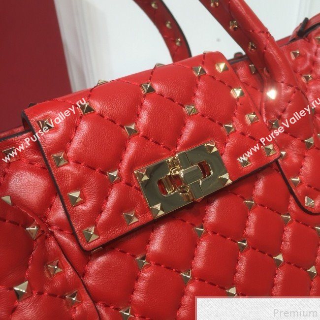 Valentino Rockstud Quilted Crinkle Lambskin Tote with Buckle Band Red 2019 (XYD-9050936)