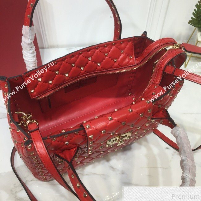 Valentino Rockstud Quilted Crinkle Lambskin Tote with Buckle Band Red 2019 (XYD-9050936)