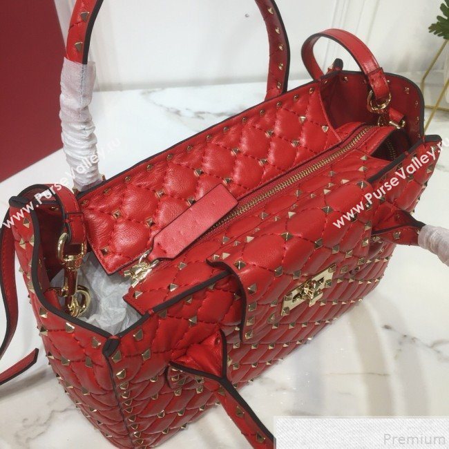 Valentino Rockstud Quilted Crinkle Lambskin Tote with Buckle Band Red 2019 (XYD-9050936)