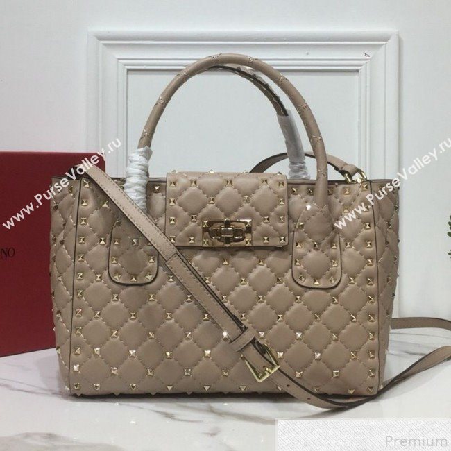 Valentino Rockstud Quilted Crinkle Lambskin Tote with Buckle Band Beige 2019 (XYD-9050937)
