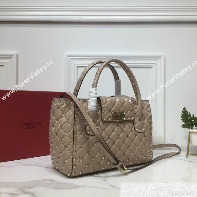 Valentino Rockstud Quilted Crinkle Lambskin Tote with Buckle Band Beige 2019 (XYD-9050937)