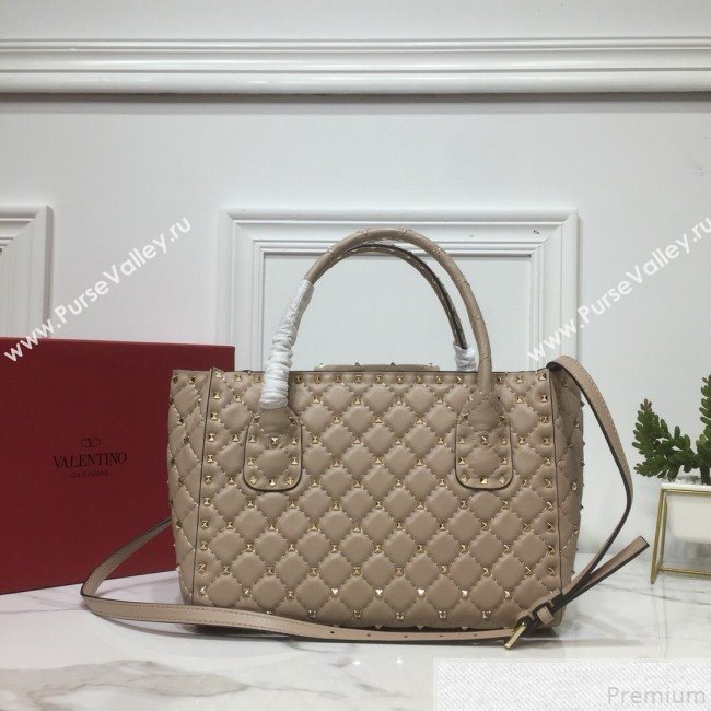 Valentino Rockstud Quilted Crinkle Lambskin Tote with Buckle Band Beige 2019 (XYD-9050937)