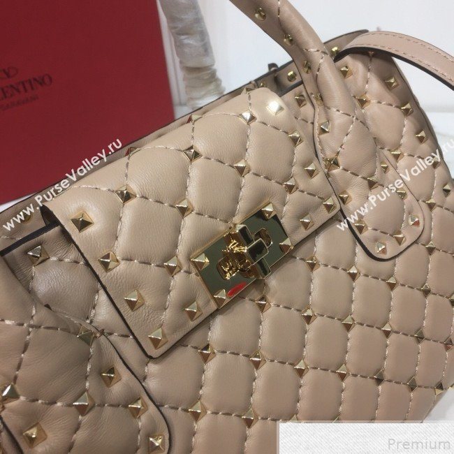 Valentino Rockstud Quilted Crinkle Lambskin Tote with Buckle Band Beige 2019 (XYD-9050937)