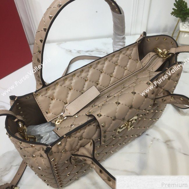 Valentino Rockstud Quilted Crinkle Lambskin Tote with Buckle Band Beige 2019 (XYD-9050937)