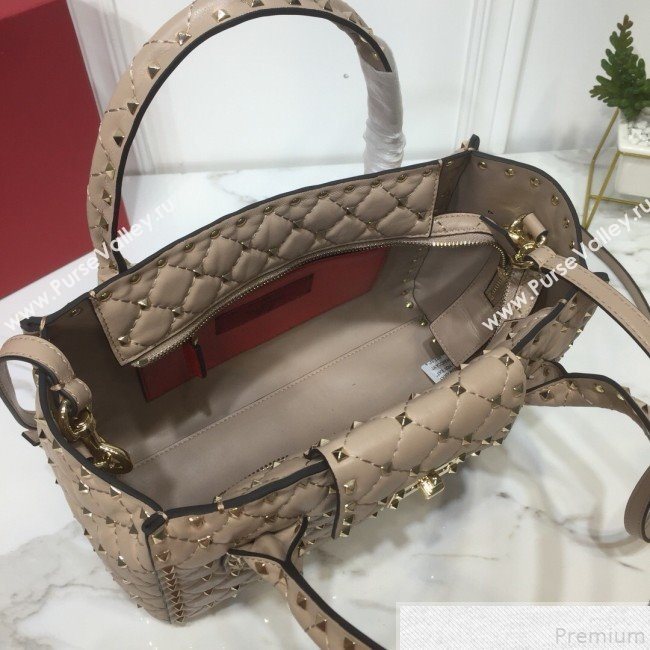 Valentino Rockstud Quilted Crinkle Lambskin Tote with Buckle Band Beige 2019 (XYD-9050937)