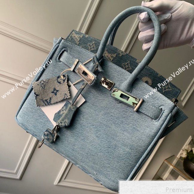 Louis Vuitton x Supreme Denim Humble Travel Birkin 25cm Top Handle Bag M48888 Denim Blue 2019 (KD-9050834)