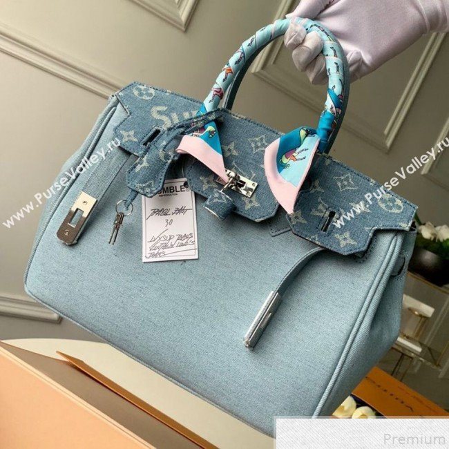 Louis Vuitton x Supreme Denim Humble Travel Birkin 30cm Top Handle Bag M48888 Denim Blue 2019 (KD-9050835)