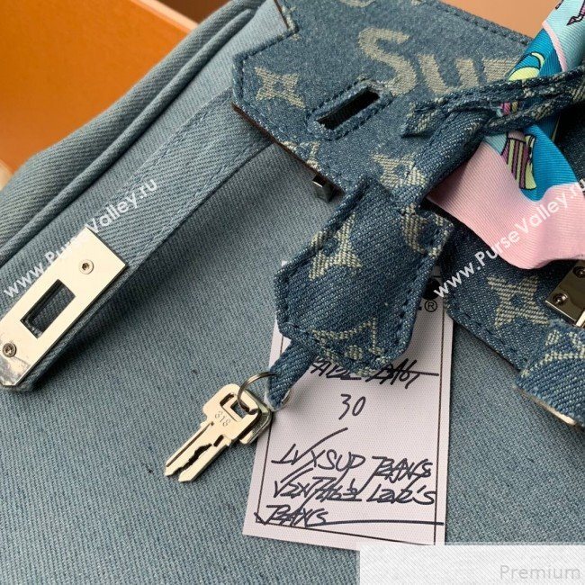 Louis Vuitton x Supreme Denim Humble Travel Birkin 30cm Top Handle Bag M48888 Denim Blue 2019 (KD-9050835)